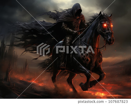 Black horseman of apocalypse riding black horse AI 107687823