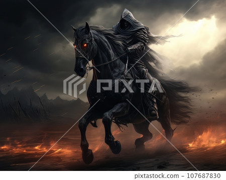 Black horseman of apocalypse riding black horse AI 107687830