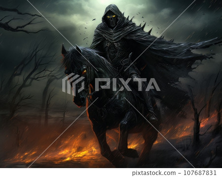 Black horseman of apocalypse riding black horse AI Black horseman of apocalypse riding black horse AI 107687831