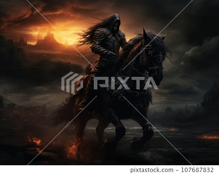 Black horseman of apocalypse riding black horse AI Black horseman of apocalypse riding black horse AI 107687832