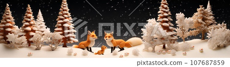 Cute fox camping (3D) landscape winter 107687859