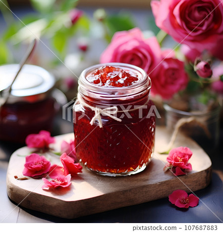 Jam of petal roses on wooden backgrounds Jam of petal roses on wooden backgrounds 107687883