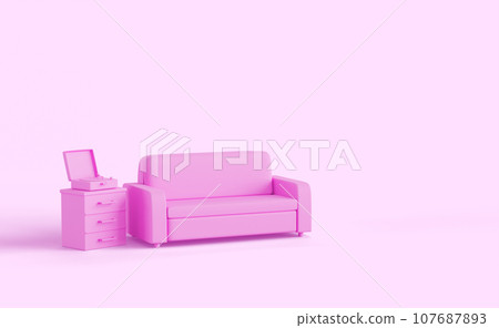 Living room interior in pink monochrome style with sofa and vintage record player box 3d render. Modern empty lounge with furniture and music vinyl turntable isolated on background. 3D illustration Living room interior in pink monochrome style with sofa and vintage record player box 3d render. Modern empty lounge with furniture and music vinyl turntable isolated on background. 3D illustration 107687893