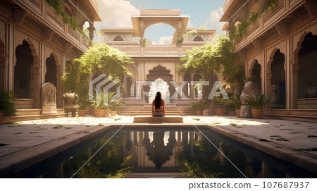 A yoga practicioner in a serene courtyard ultra realistic illustration - Generative AI. 107687937