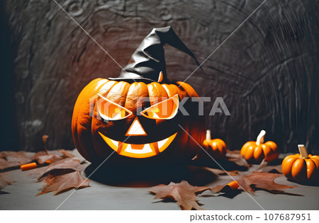 Orange pumpkin with a scary face wearing a black witch hat on Halloween. 107687951