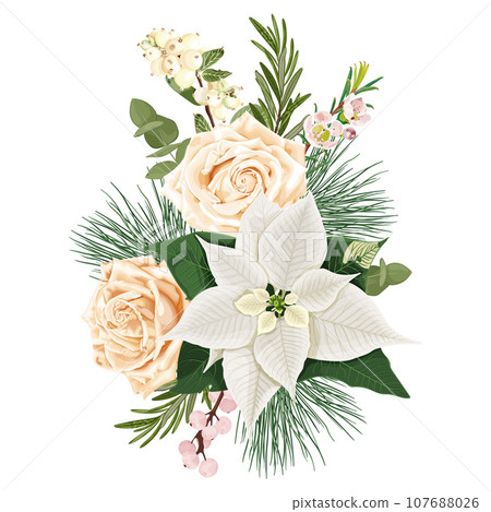 Bouquet with Christmas flower poinsettia, rose, snowberry, rosemary, pine and pink flowers and berries. Bouquet with Christmas flower poinsettia, rose, snowberry, rosemary, pine and pink flowers and berries. 107688026