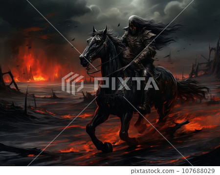 Black horseman of apocalypse riding black horse AI Black horseman of apocalypse riding black horse AI 107688029