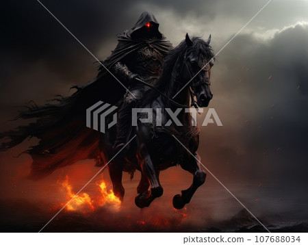 Black horseman of apocalypse riding black horse AI 107688034