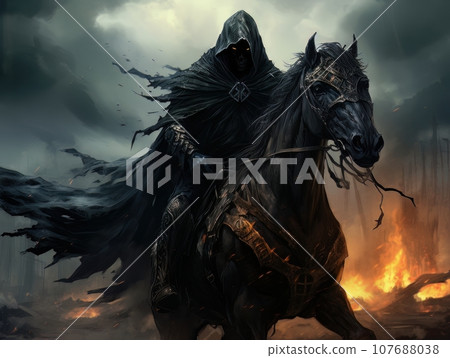 Black horseman of apocalypse riding black horse AI 107688038