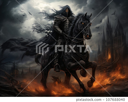 Black horseman of apocalypse riding black horse AI 107688040
