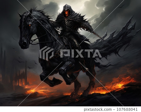 Black horseman of apocalypse riding black horse AI Black horseman of apocalypse riding black horse AI 107688041