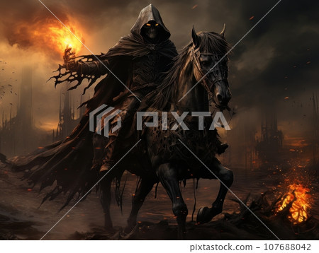 Black horseman of apocalypse riding black horse AI Black horseman of apocalypse riding black horse AI 107688042