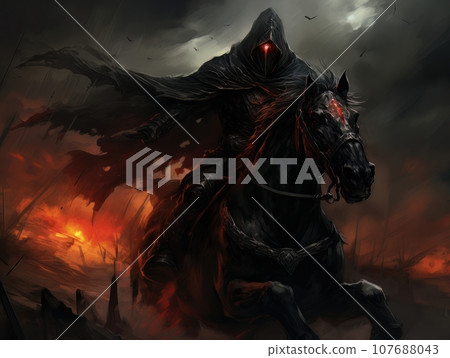 Black horseman of apocalypse riding black horse AI Black horseman of apocalypse riding black horse AI 107688043