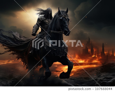 Black horseman of apocalypse riding black horse AI 107688044