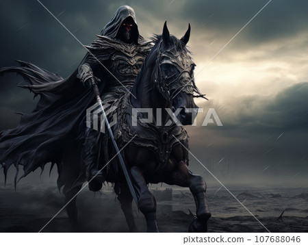 Black horseman of apocalypse riding black horse AI Black horseman of apocalypse riding black horse AI 107688046