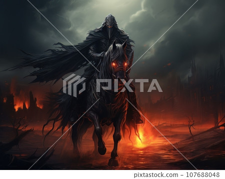 Black horseman of apocalypse riding black horse AI Black horseman of apocalypse riding black horse AI 107688048