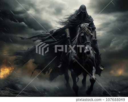 Black horseman of apocalypse riding black horse AI 107688049