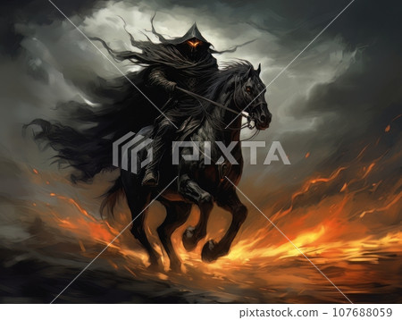 Black horseman of apocalypse riding black horse AI 107688059