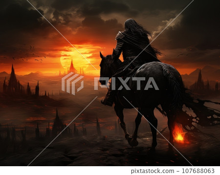 Black horseman of apocalypse riding black horse AI 107688063