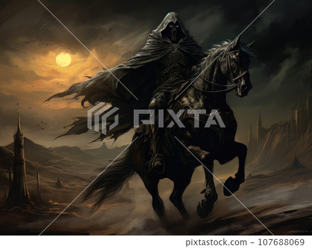 Black horseman of apocalypse riding black horse AI 107688069
