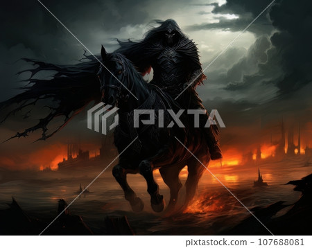 Black horseman of apocalypse riding black horse AI 107688081