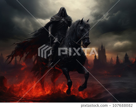 Black horseman of apocalypse riding black horse AI 107688082