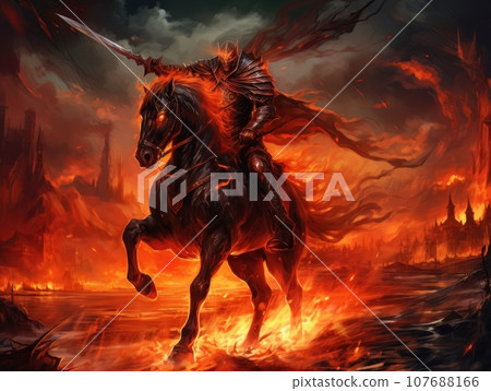 Horseman of the Apocalypse with a sword riding a black horse AI Horseman of the Apocalypse with a sword riding a black horse AI 107688166