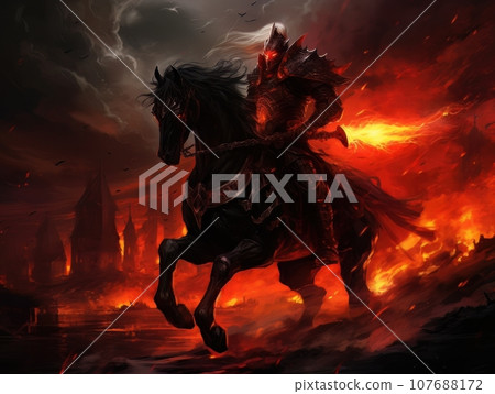 Horseman of the Apocalypse with a sword riding a black horse AI 107688172