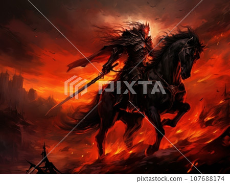 Horseman of the Apocalypse with a sword riding a black horse AI 107688174