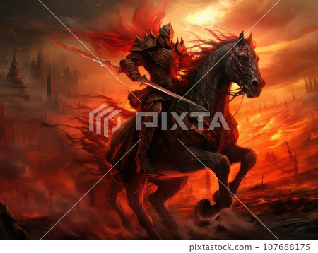 Horseman of the Apocalypse with a sword riding a black horse AI 107688175