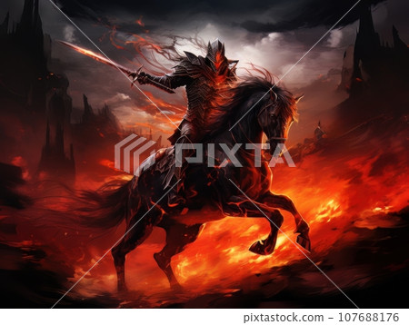 Horseman of the Apocalypse with a sword riding a black horse AI 107688176