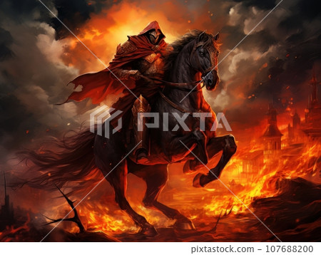 Horseman of the Apocalypse with a sword riding a black horse AI 107688200