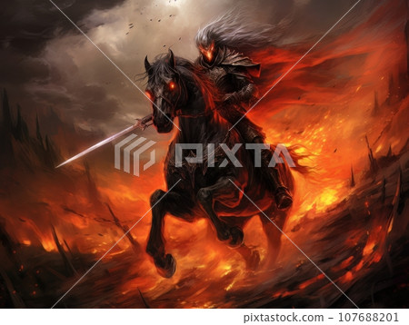 Horseman of the Apocalypse with a sword riding a black horse AI 107688201