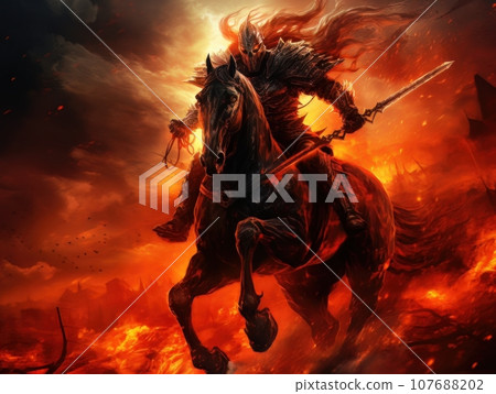 Horseman of the Apocalypse with a sword riding a black horse AI 107688202