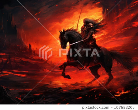 Horseman of the Apocalypse with a sword riding a black horse AI Horseman of the Apocalypse with a sword riding a black horse AI 107688203