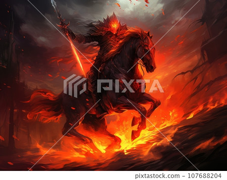 Horseman of the Apocalypse with a sword riding a black horse AI Horseman of the Apocalypse with a sword riding a black horse AI 107688204