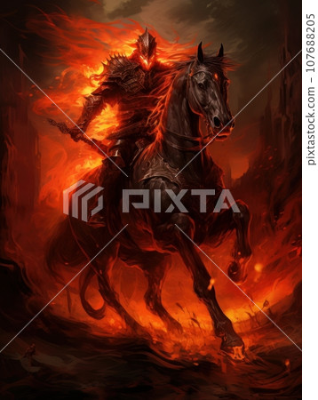 Horseman of the Apocalypse with a sword riding a black horse AI Horseman of the Apocalypse with a sword riding a black horse AI 107688205
