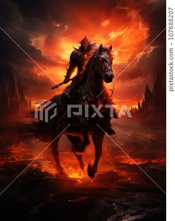 Horseman of the Apocalypse with a sword riding a black horse AI Horseman of the Apocalypse with a sword riding a black horse AI 107688207