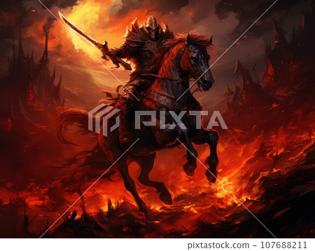 Horseman of the Apocalypse with a sword riding a black horse AI 107688211