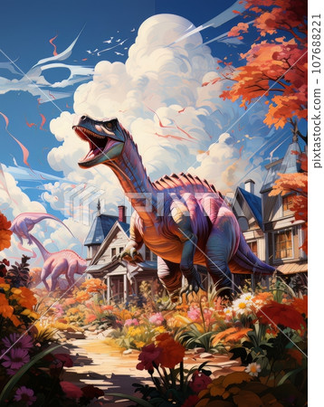 Cartoon Dinosaur against the background of a church.. AI 107688221