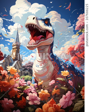 Cartoon Dinosaur against the background of a church.. AI Cartoon Dinosaur against the background of a church.. AI 107688225