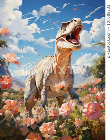 Cartoon Dinosaur against the background of a church.. AI Cartoon Dinosaur against the background of a church.. AI 107688232