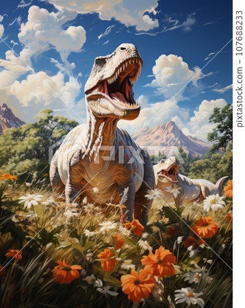 Cartoon Dinosaur against the background of a church.. AI Cartoon Dinosaur against the background of a church.. AI 107688233