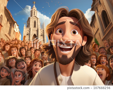 Cartoon Jesus Christ greets you with happy smile at the entrance to the church. AI 107688256