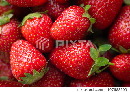 Strawberry background. Fresh organic berries close up. Food background 107688303