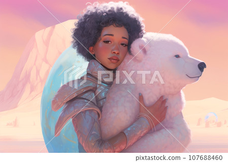 Futuristic portrait of attractive young African woman and polar bear Futuristic portrait of attractive young African woman and polar bear 107688460
