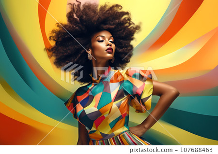 Female portrait of beautiful stylish black woman in elegant multicolored dress at sunset Female portrait of beautiful stylish black woman in elegant multicolored dress at sunset 107688463