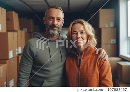 Middle-aged married caucasian couple on background of cardboard boxes. Middle-aged married caucasian couple on background of cardboard boxes. 107688467