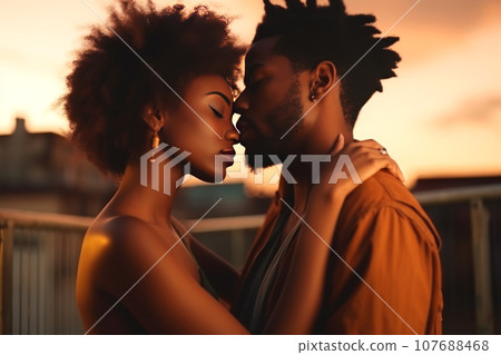 Young happy couple in love on roof of multi-storey building 107688468