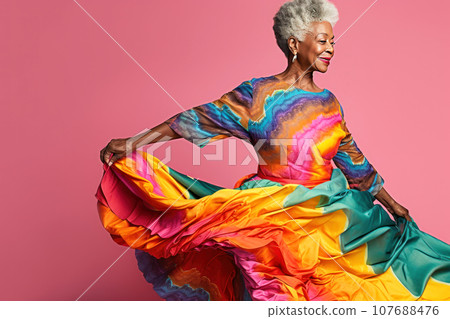 Female portrait of charming stylish mature black woman in elegant multicolored dress. Pink isolated background. Generated by AI. Female portrait of charming stylish mature black woman in elegant multicolored dress. Pink isolated background. Generated by AI. 107688476